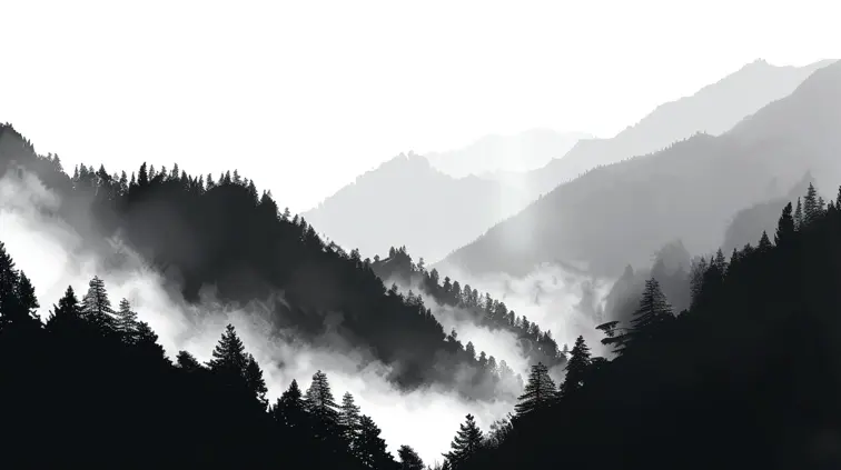 A serene misty mountain landscape, silhouetted against a clear sky, dramatic chiaroscuro