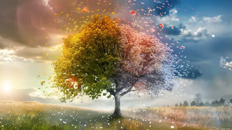 A single tree showing all four seasons simultaneously, each quarter of the frame depicting a different season