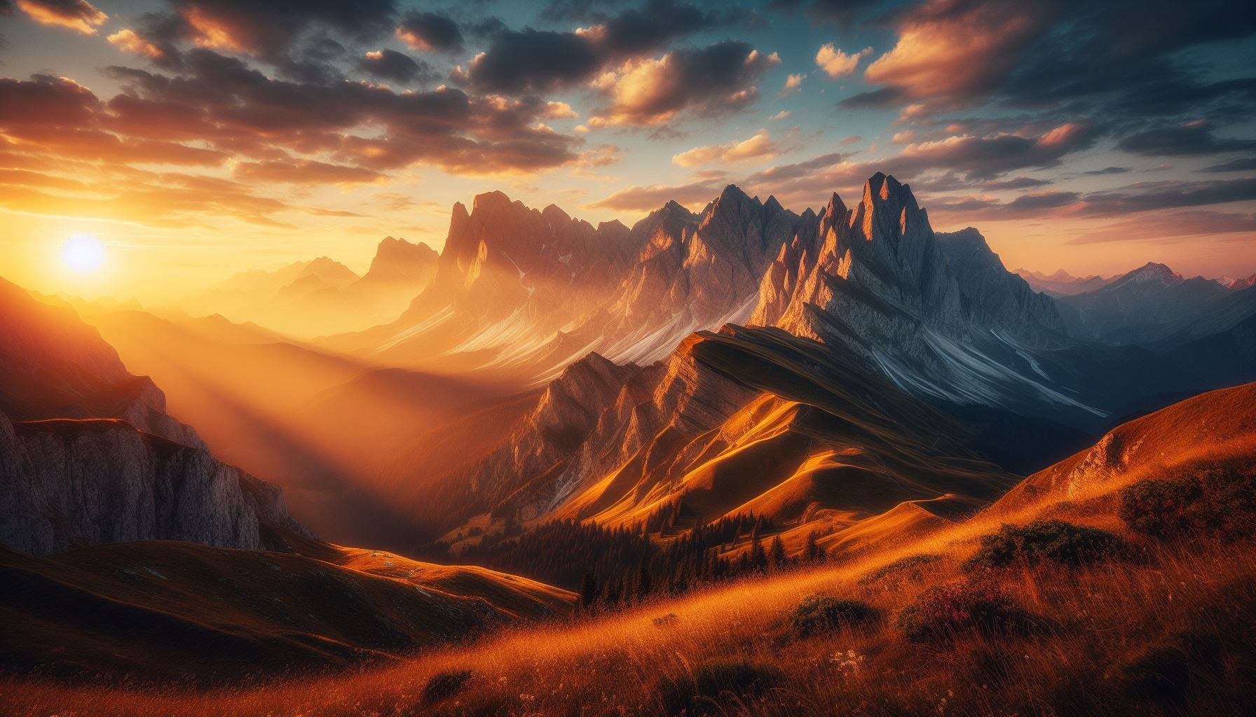 Bing example image of a sunset over mountains.