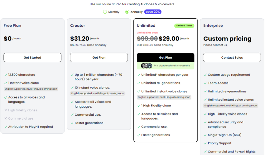 play.ht pricing table