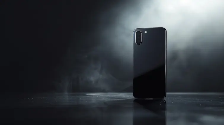 A sleek three-quarter view of a premium smartphone on a reflective surface, styled professionally and captured with high-key lighting using a Canon EOS R5 at 50mm, showcasing cutting-edge technology in a minimalist, rule-of-thirds composition.