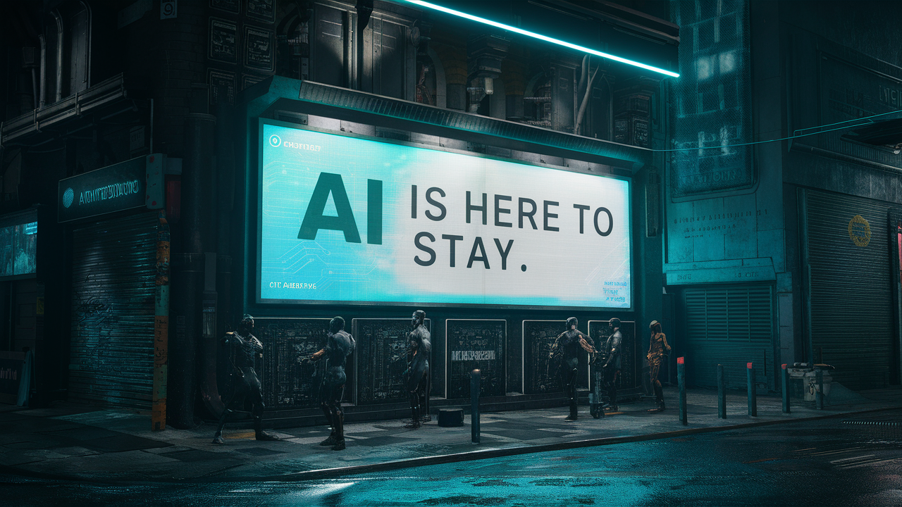 Ideogram image example showing a large billboard with the text "AI is here to stay".