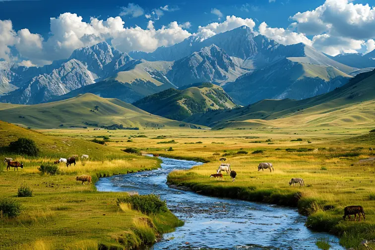 A beautiful landscape with mountains, a river, and native animals grazing in the meadow --no tree, trees