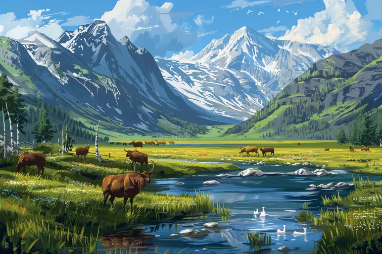 A beautiful landscape with mountains, a river, and native animals grazing in the meadow