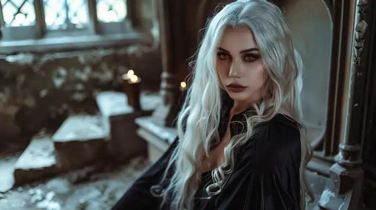 A beautiful vampire woman with pale skin, long white hair and red eyes wearing black robes sitting on an altar in the style of Magali Villeneuve street photography