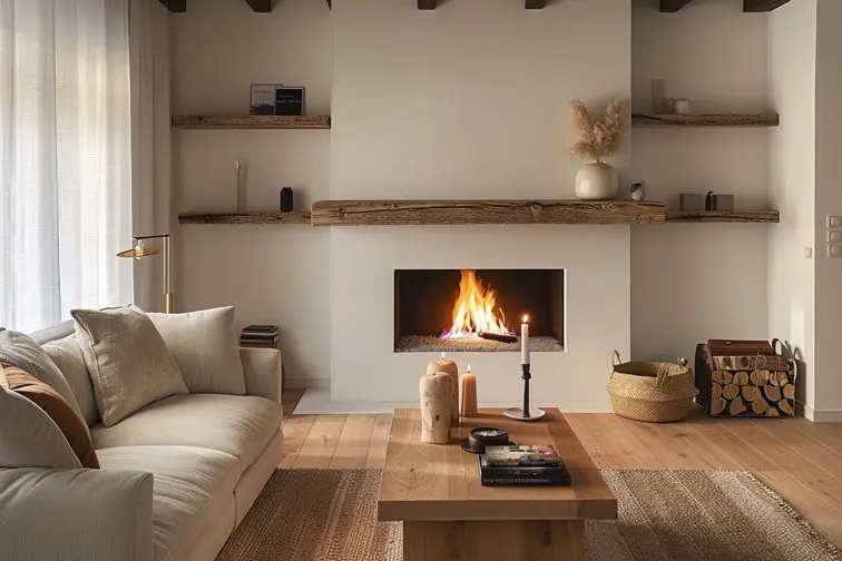 A cozy living room with a fireplace, a couch, and a coffee table and shelf --no books