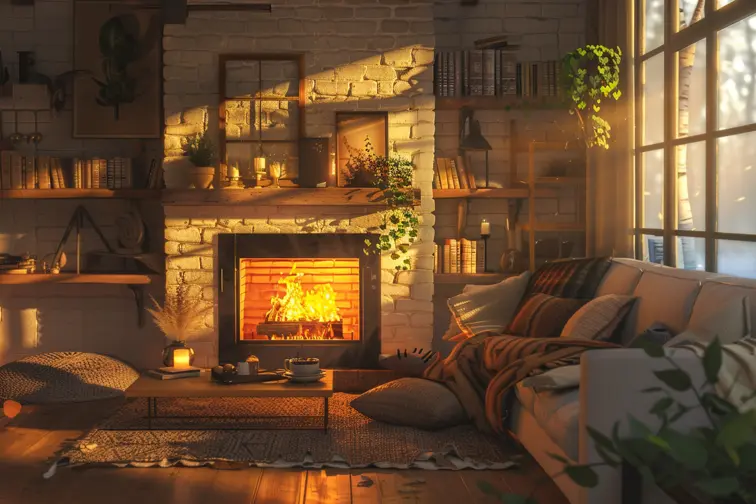 A cozy living room with a fireplace, a couch, and a coffee table and shelf