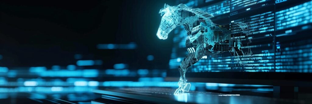 A digital trojan horse appearing out of a computer screen