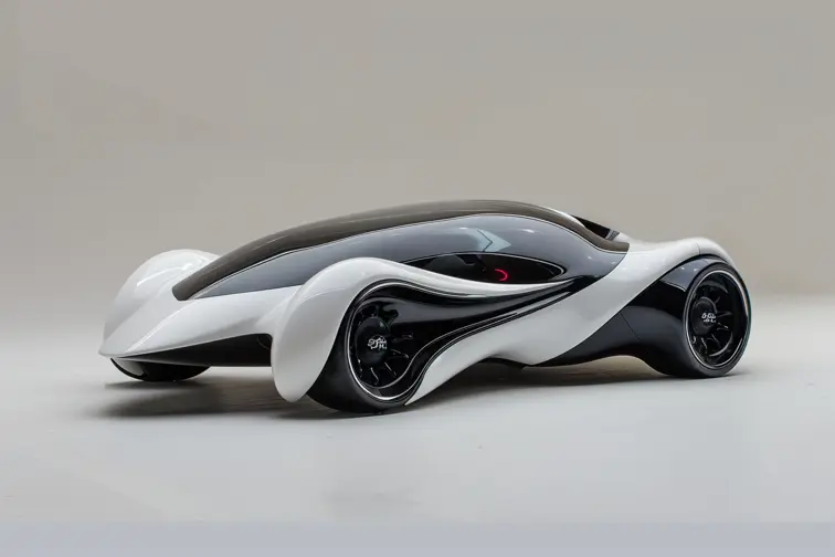 [A futuristic car design with sleek lines] --9 and a [shiny metallic finish] ---1
