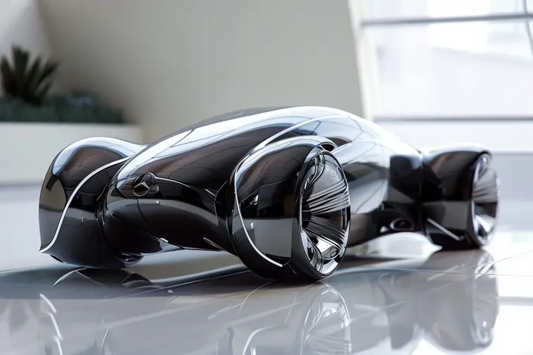A futuristic car design with sleek lines and a shiny metallic finish