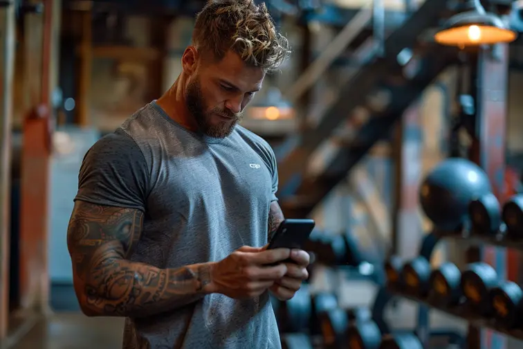 A man working out in a gym with ChatGPT on his phone next to him