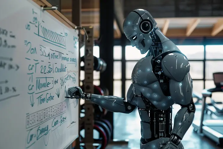 A muscular robot writing a workout on a whiteboard in a gym setting