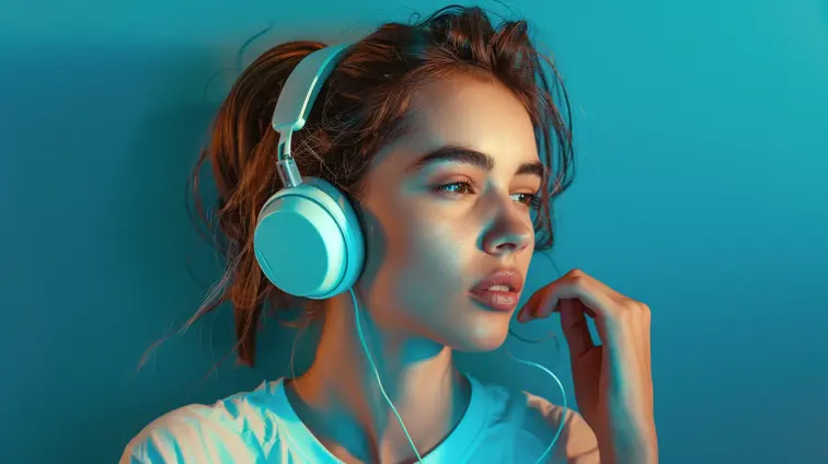 A realistic photograph of a pretty woman listening to music over a blue background