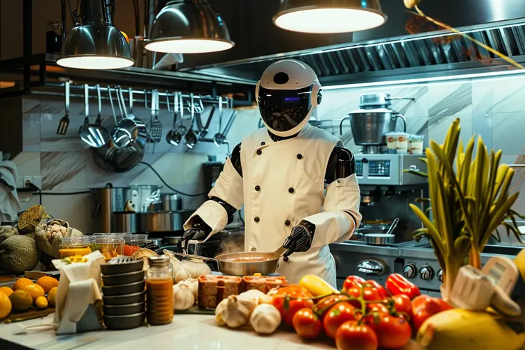 A robot dressed as a chef, preparing food in the kitchen