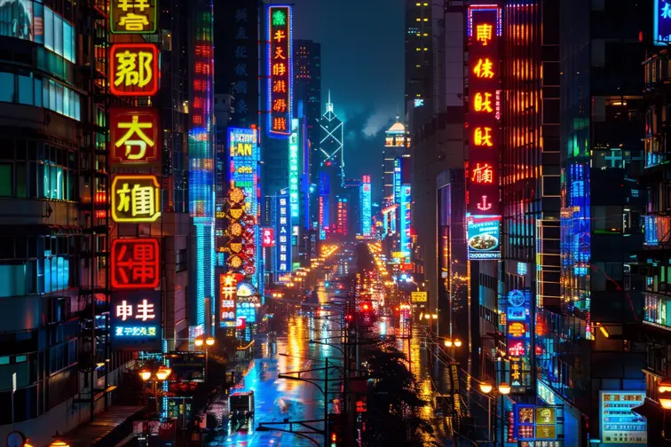A vibrant cityscape at night with colorful neon lights --no pink