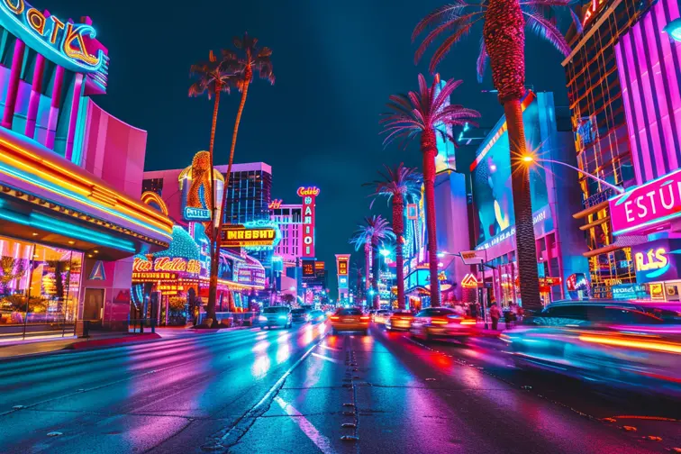 A vibrant cityscape at night with colorful neon lights