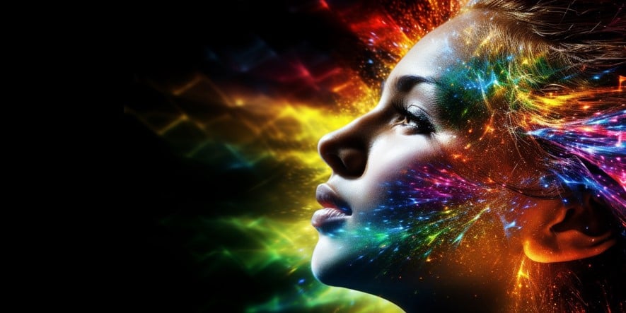 AI generated image showing a lady surrounded by rainbow swirls