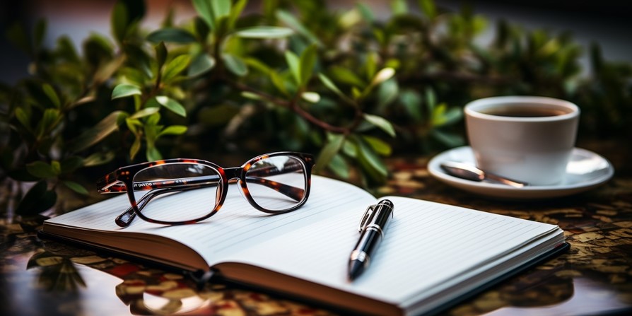 Notepad and pen with glasses resting on the page, and a coffee beside.