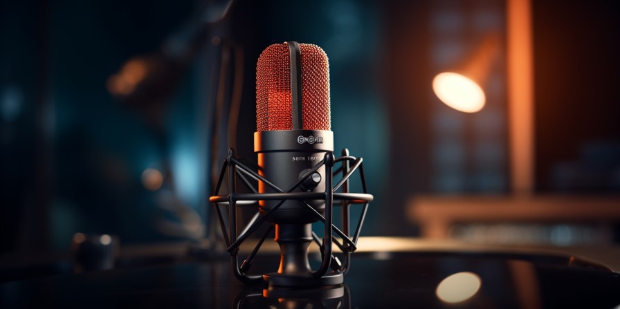 Warmly lit scene showing a high end studio microphone