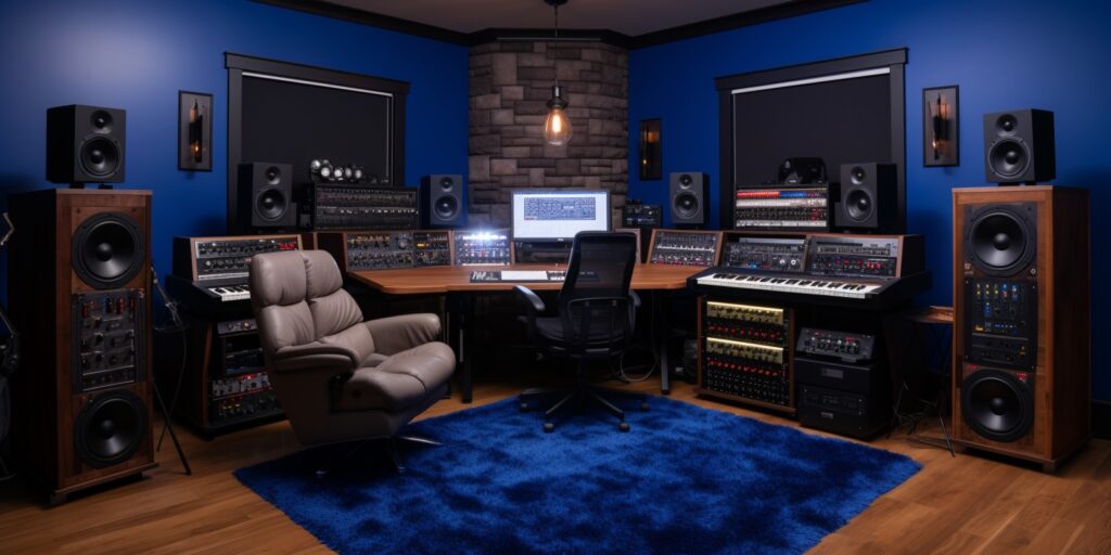 Beautiful futuristic music studio with a navy blue theme walls and rug.