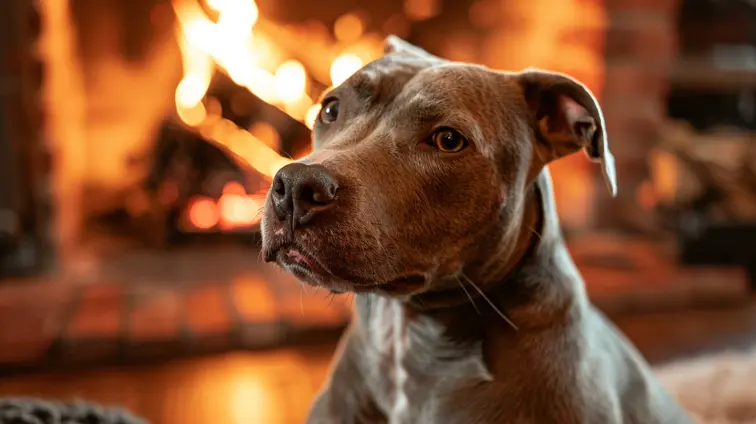 An American Pitbull terroir is sitting in the center of the frame in front of a fireplace, looking around curiously. The background is bright and cozy