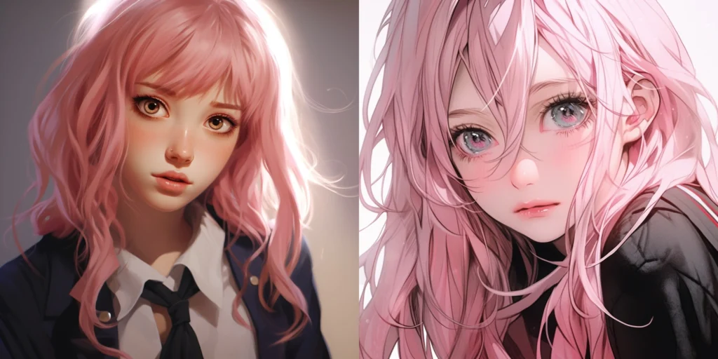 anime girl with pink hair, large expressive eyes, wearing school uniform, detailed painting