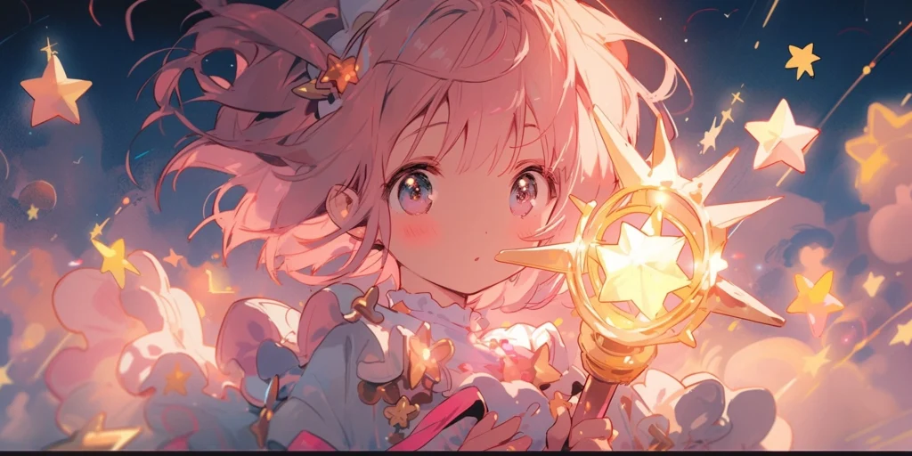 A cute chibi magical girl with pink hair, wearing a frilly dress, holding a star wand, surrounded by sparkles, intricate manga illustration