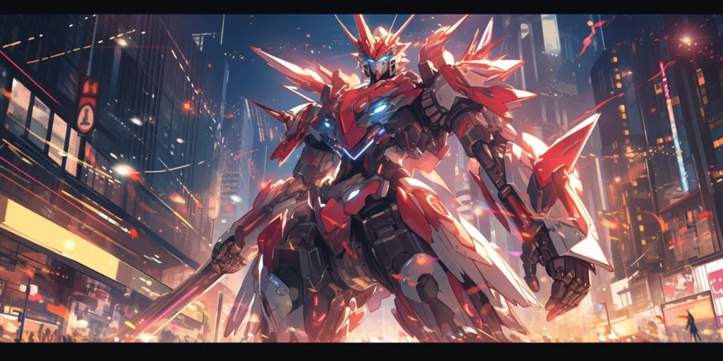 Futuristic mecha robot walking through a neon cityscape, with lens flares, dramatic lighting, illustrated like a Gundam anime poster