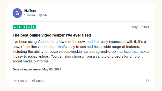 Veed Trustpilot review from Gia Tran at 5 stars