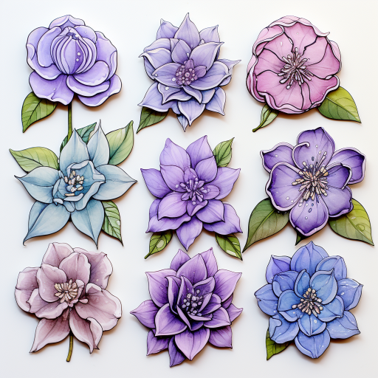 An assortment of purple watercolor styled flowers.