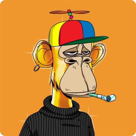 Bored Ape Yacht Club #8817 NFT. Bored ape wearing a rainbow helicopter hat sold for over $3 million USD.