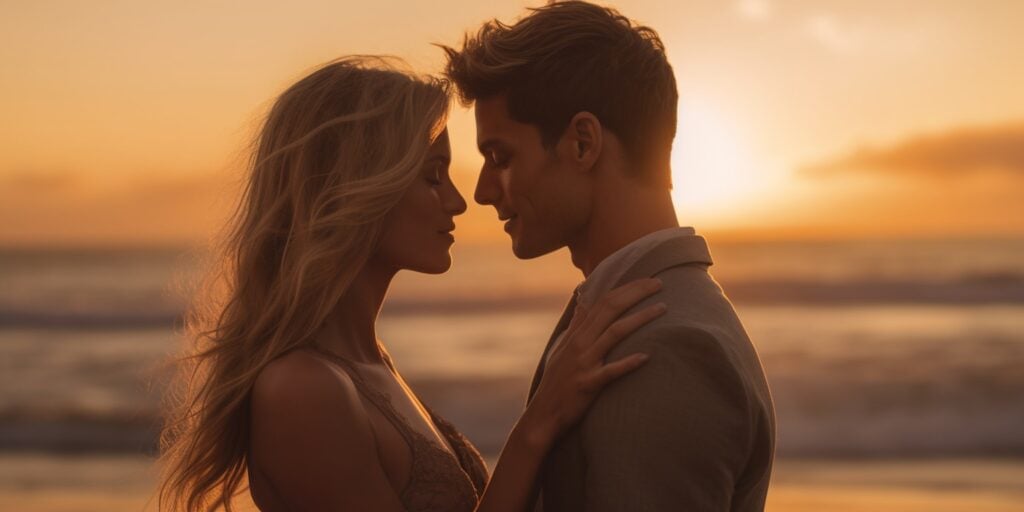 Stock image couple on beach at sunset