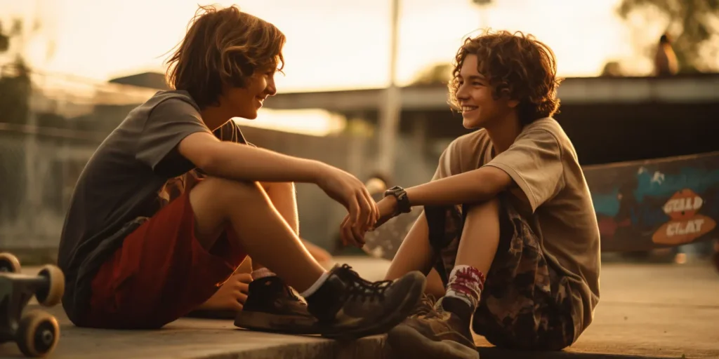 Midjourney generated image of two friends at the skatepark laughing