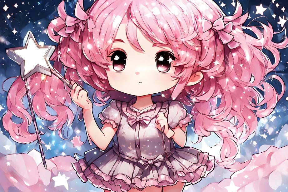 A cute chibi magical girl with pink hair, wearing a frilly dress, holding a star wand, surrounded by sparkles, intricate manga illustration created using BlueWillow