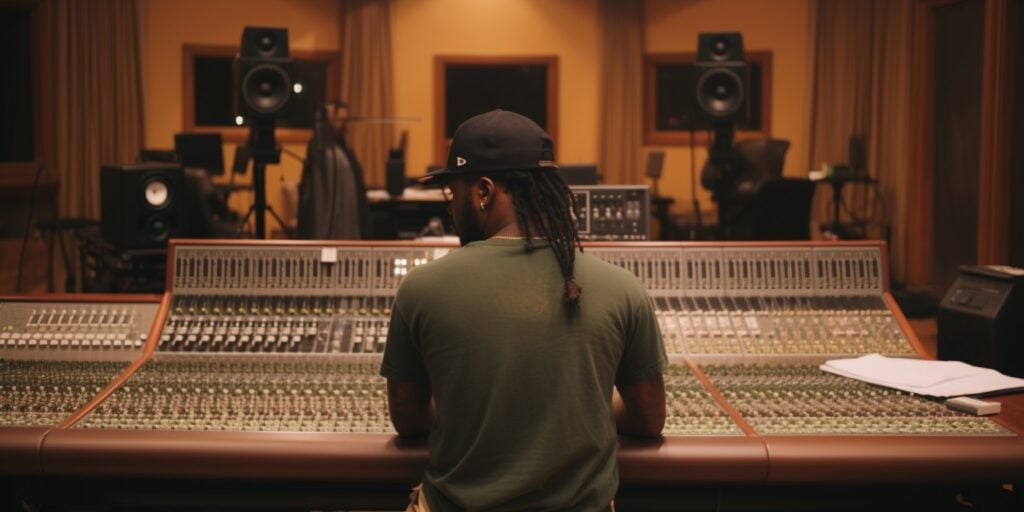 Man in the studio in front of a large mixing board, warm studio lighting
