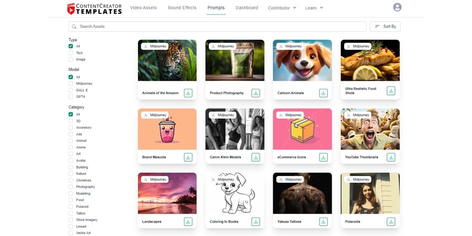 ContentCreatorTemplates.com AI Prompt Marketplace Homepage.