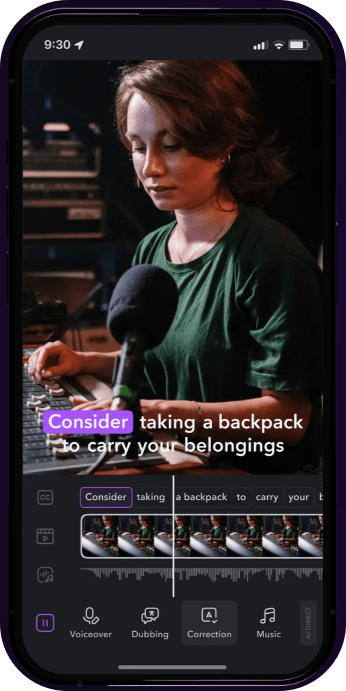 Captions GUI shown on a mobile phone. Editing a video and adding video captions.