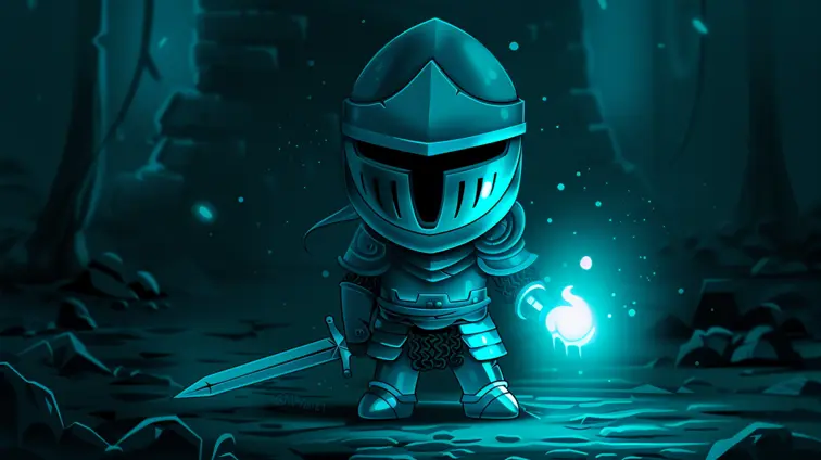 Chibi dark soul character design of with white and teal color theme, dark background, glowing eyes and black helmet, simple style in the style of ch32