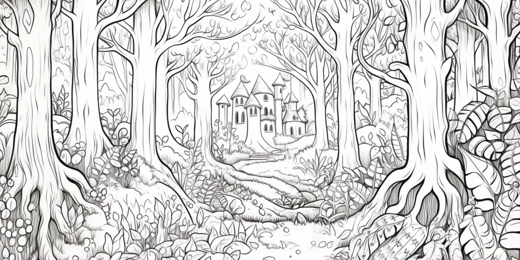 Midjourney generated coloring in book page with trees and a castle.