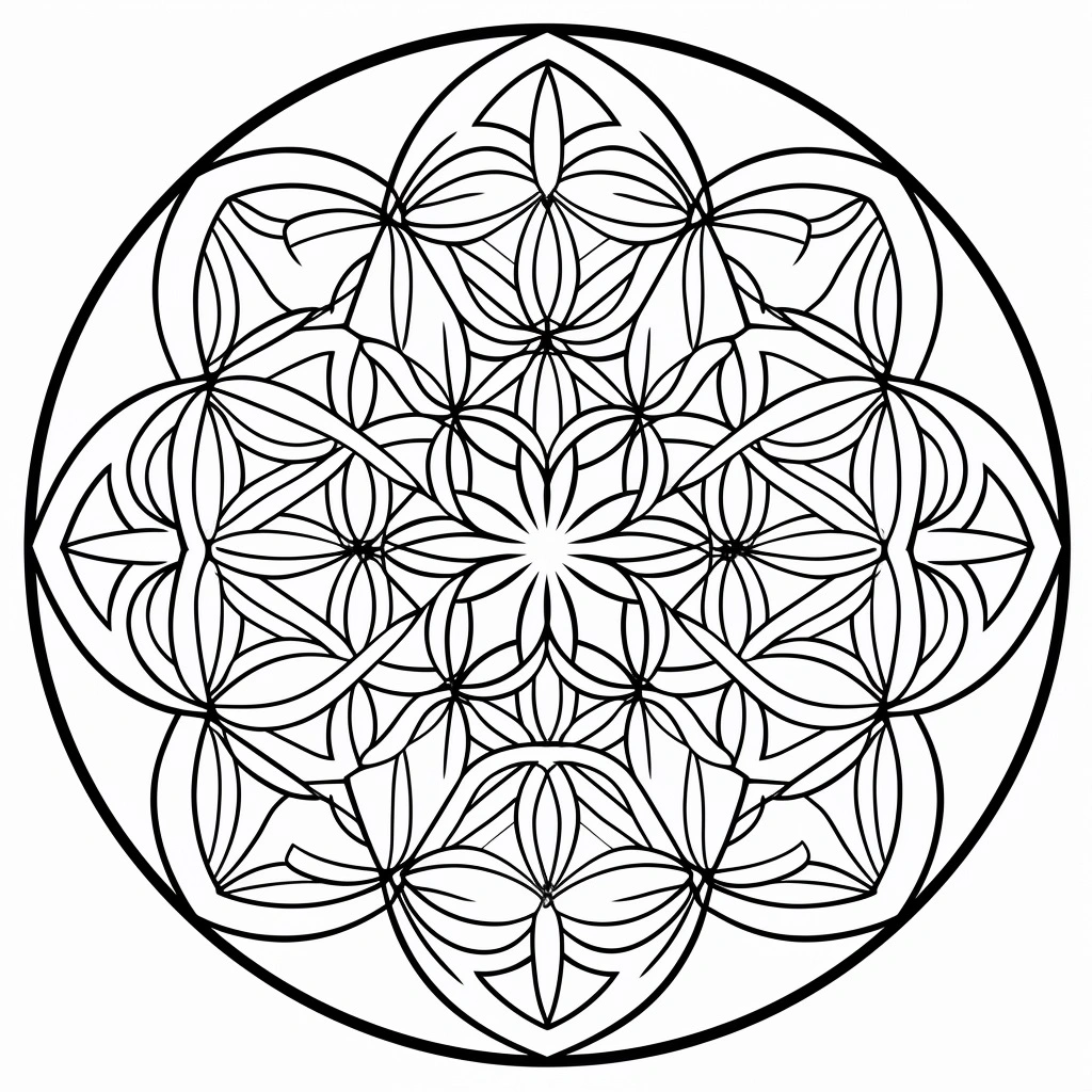 Coloring book page, spiritual and geometric theme: A simple and harmonious design featuring sacred geometry symbols like the Flower of Life, and intertwined fractals. High detail adult coloring book page, thin black lines on a white background, no solid fill, edge-to-edge design, intricate patterns, only outline art, focusing on mathematical beauty and cosmic order – no noise, book, logo, page, letters, words, grayscale – no black background.