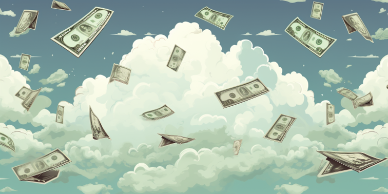 Raining American currency with a blue cloud background, cartoon style.