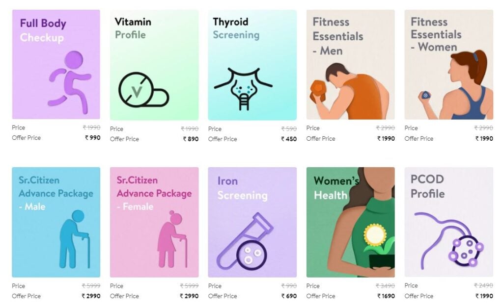 Cultfit homescreen interface showing options including full body checkup, vitamin profile, and fitness essentials.