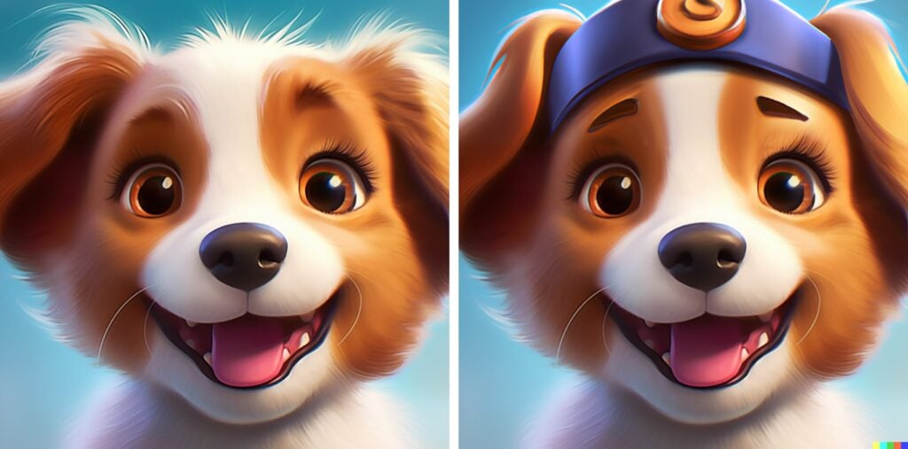 happy Disney style puppy with an inpainted hat on the right side