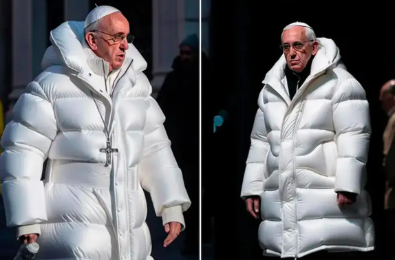Deepfake image of the Pope wearing stylish white puffer coat.