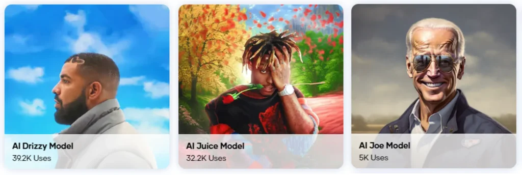 Tiles showing AI generated images of Drake, Juice WRLD, and Joe Biden. The models are available for use to generate AI cover songs with Jammable.