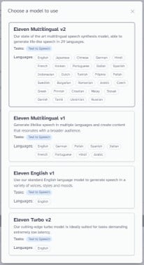 ElevenLabs Model Selection menu