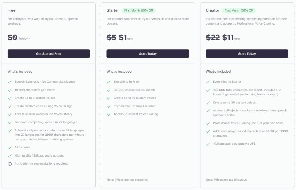 ElevanLabs' Pricing blocks