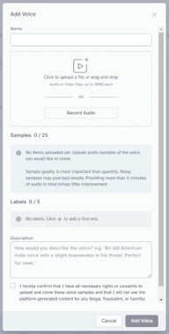 ElevenLabs voice sample upload and legal disclaimer.