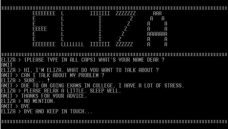 Retro looking computer user interface showing a short conversation between a user and the ELIZA NLP program.