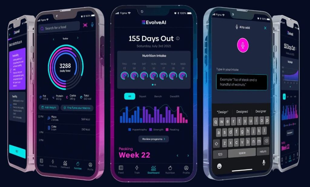 Showing the EvolveAI mobile GUI with activity tracking and key metrics.